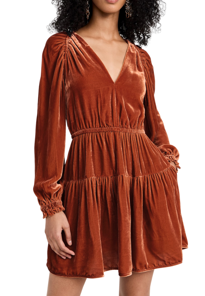 R.Vivimos Womens Fall Velvet Mini Dress V Neck Long Sleeve Elastic Waist Winter Tiered Flowy Swing A-Line Dress with Pockets