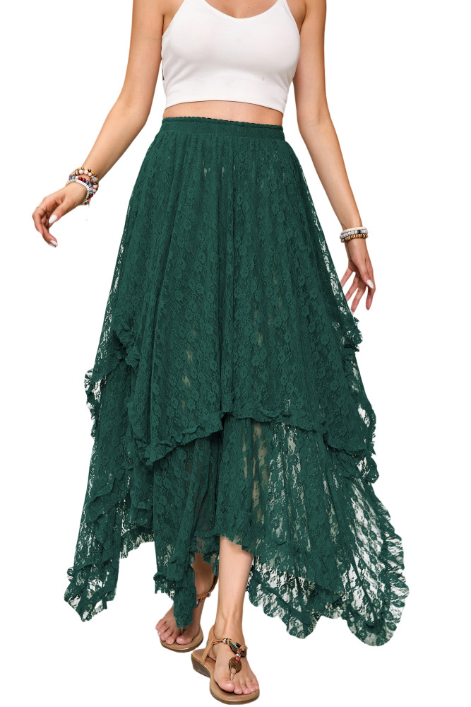 R.Vivimos Women Lace Long Skirts Summer Elastic Asymmetrical Layered Hem Sexy See-Through Beach Floral Maxi Skirts