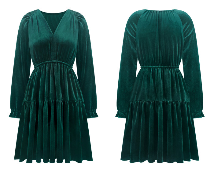 R.Vivimos Womens Fall Velvet Mini Dress V Neck Long Sleeve Elastic Waist Winter Tiered Flowy Swing A-Line Dress with Pockets