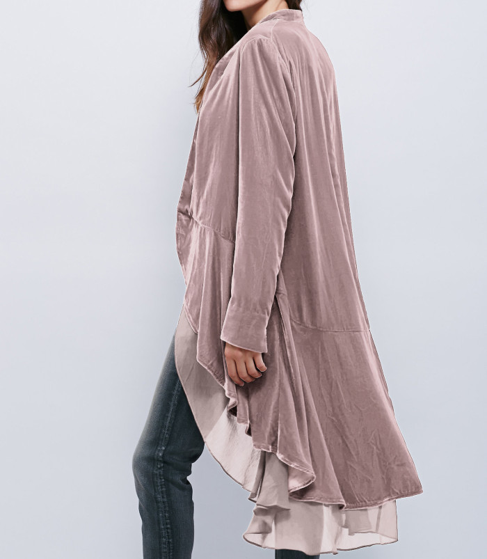 R.Vivimos Womens Ruffled Asymmetric Long Velvet Blazers Coat Casual Jackets