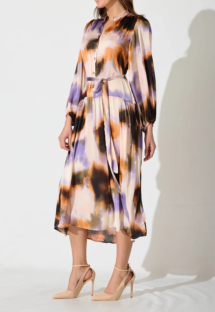 R.Vivimos Womens Long Sleeve Tie Dye Henley V Neck Button Up Loose Flowy Midi Dress with Belt