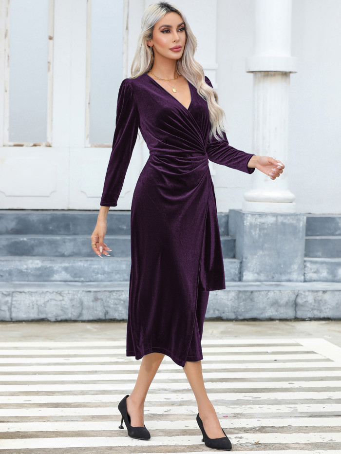 R.Vivimos Womens Velvet V Neck Wrap Dress Fall Winter Long Sleeve Waist Ruched Elastic Elegant Midi Dress