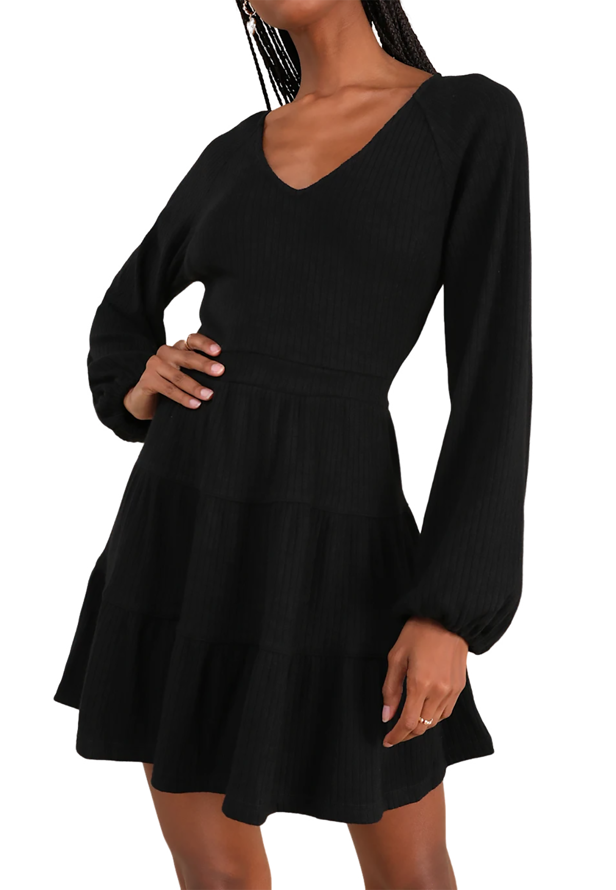 R.Vivimos Womens Fall Dresses Lantern Sleeve V Neck Stretchy Ribbed Knit A-Line Tiered Mini Skater Dress