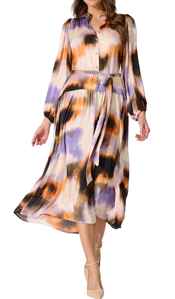 R.Vivimos Womens Long Sleeve Tie Dye Henley V Neck Button Up Loose Flowy Midi Dress with Belt