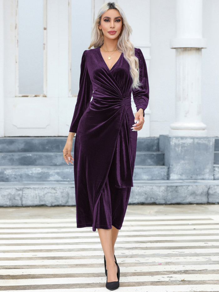 R.Vivimos Womens Velvet V Neck Wrap Dress Fall Winter Long Sleeve Waist Ruched Elastic Elegant Midi Dress