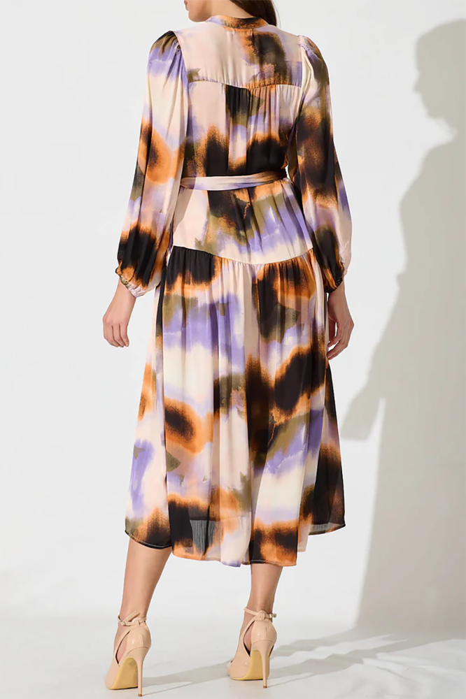 R.Vivimos Womens Long Sleeve Tie Dye Henley V Neck Button Up Loose Flowy Midi Dress with Belt