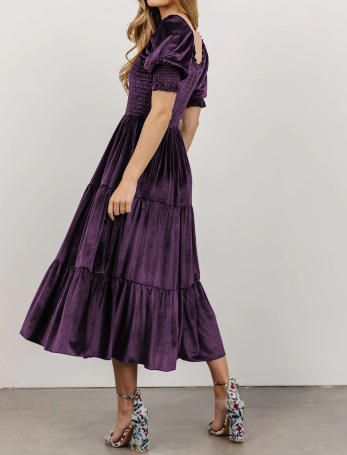 R.Vivimos Womens Fall Winter Velvet Dress Puff Sleeve Square Neck Smocked Tiered Ruffle A-Line Flowy Midi Dress