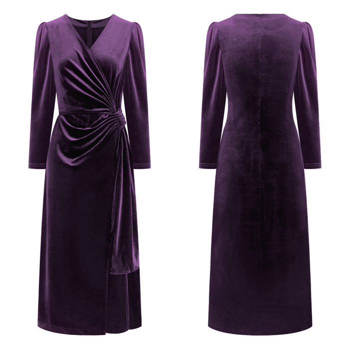 R.Vivimos Womens Velvet V Neck Wrap Dress Fall Winter Long Sleeve Waist Ruched Elastic Elegant Midi Dress