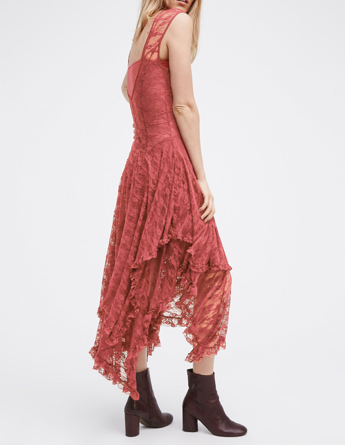 R.Vivimos Womens Sleeveless Backless Asymmetrical Layered Lace Long Dress with Slip Two Pieces