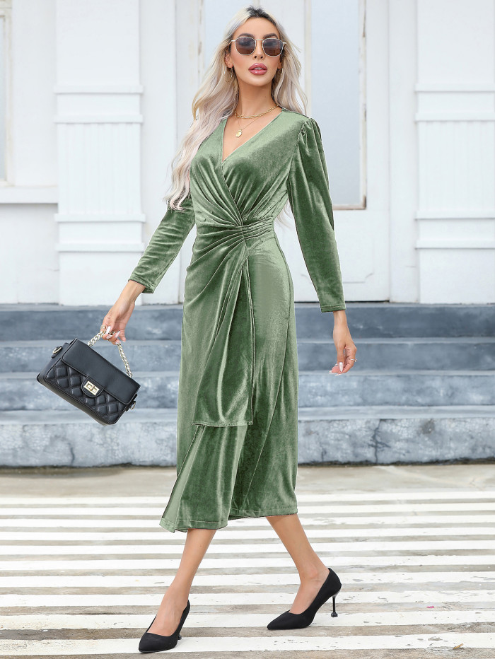 R.Vivimos Womens Velvet V Neck Wrap Dress Fall Winter Long Sleeve Waist Ruched Elastic Elegant Midi Dress
