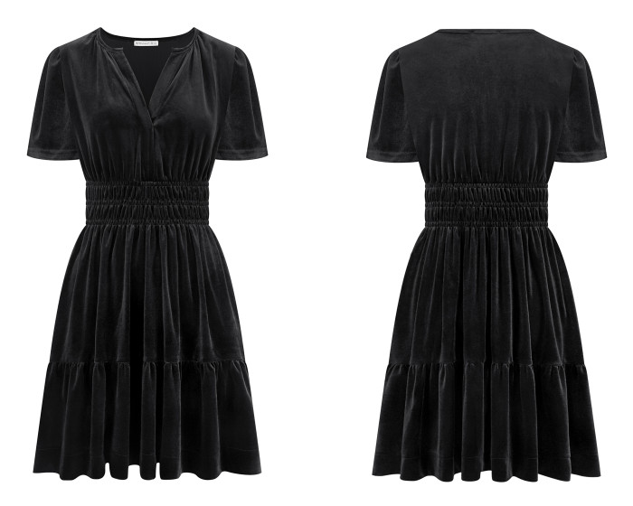 R.Vivimos Women's Fall Winter Vintage Casual Dresses Velvet Short Sleeve V Neck Elastic Waist Tiered Flowy Swing Mini Dress
