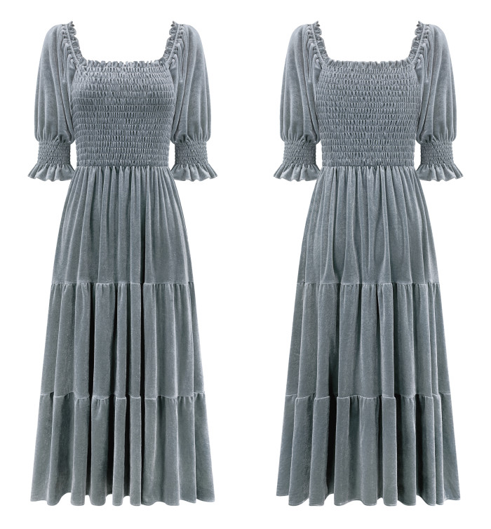 R.Vivimos Womens Fall Winter Velvet Dress Puff Sleeve Square Neck Smocked Tiered Ruffle A-Line Flowy Midi Dress