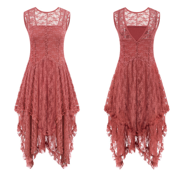 R.Vivimos Womens Sleeveless Backless Asymmetrical Layered Lace Long Dress with Slip Two Pieces