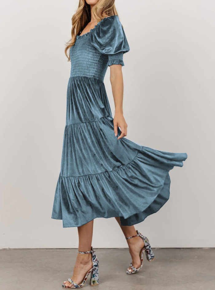 R.Vivimos Womens Fall Winter Velvet Dress Puff Sleeve Square Neck Smocked Tiered Ruffle A-Line Flowy Midi Dress