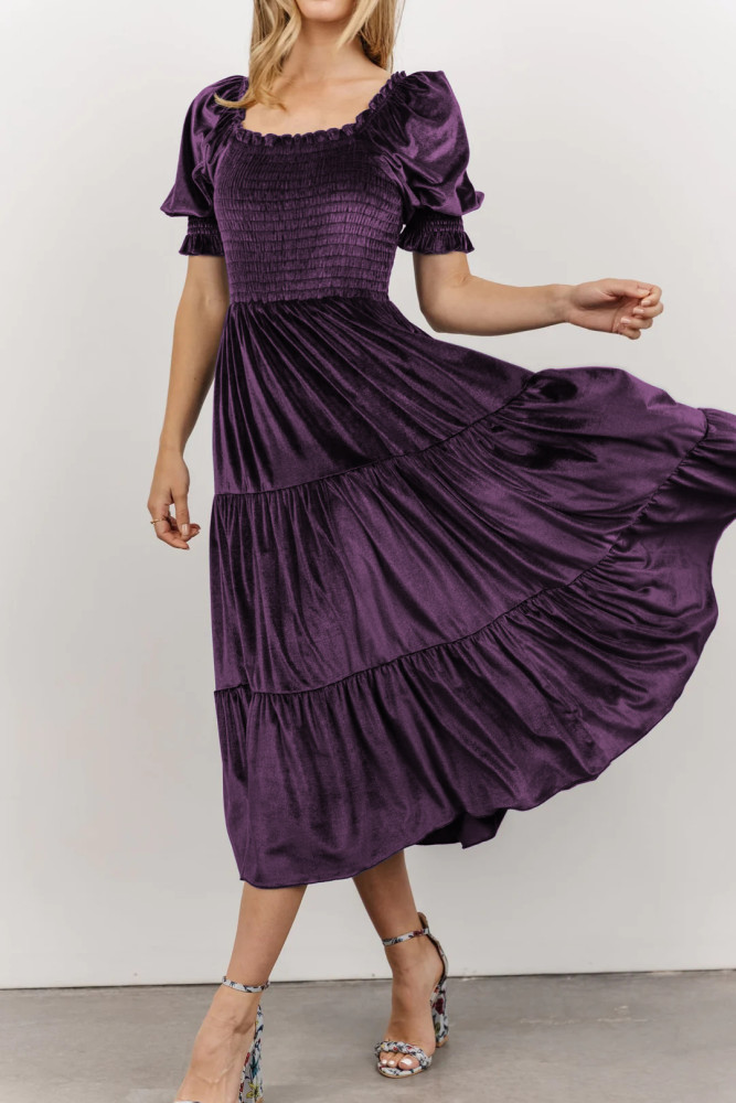 R.Vivimos Womens Fall Winter Velvet Dress Puff Sleeve Square Neck Smocked Tiered Ruffle A-Line Flowy Midi Dress
