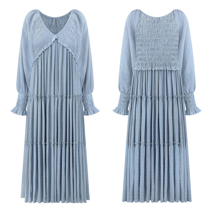 R.Vivimos Maxi Dress for Women Long Sleeve V Neck Empire Waist Layered Ruffle Boho Casual Flowy Long Dresses