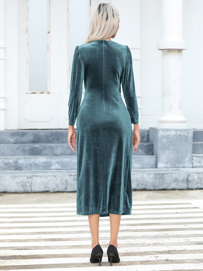 R.Vivimos Womens Velvet V Neck Wrap Dress Fall Winter Long Sleeve Waist Ruched Elastic Elegant Midi Dress