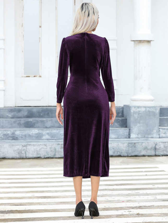 R.Vivimos Womens Velvet V Neck Wrap Dress Fall Winter Long Sleeve Waist Ruched Elastic Elegant Midi Dress