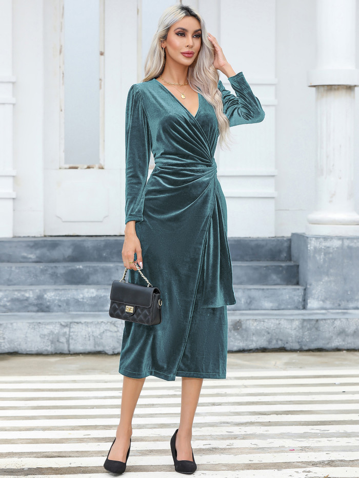 R.Vivimos Womens Velvet V Neck Wrap Dress Fall Winter Long Sleeve Waist Ruched Elastic Elegant Midi Dress