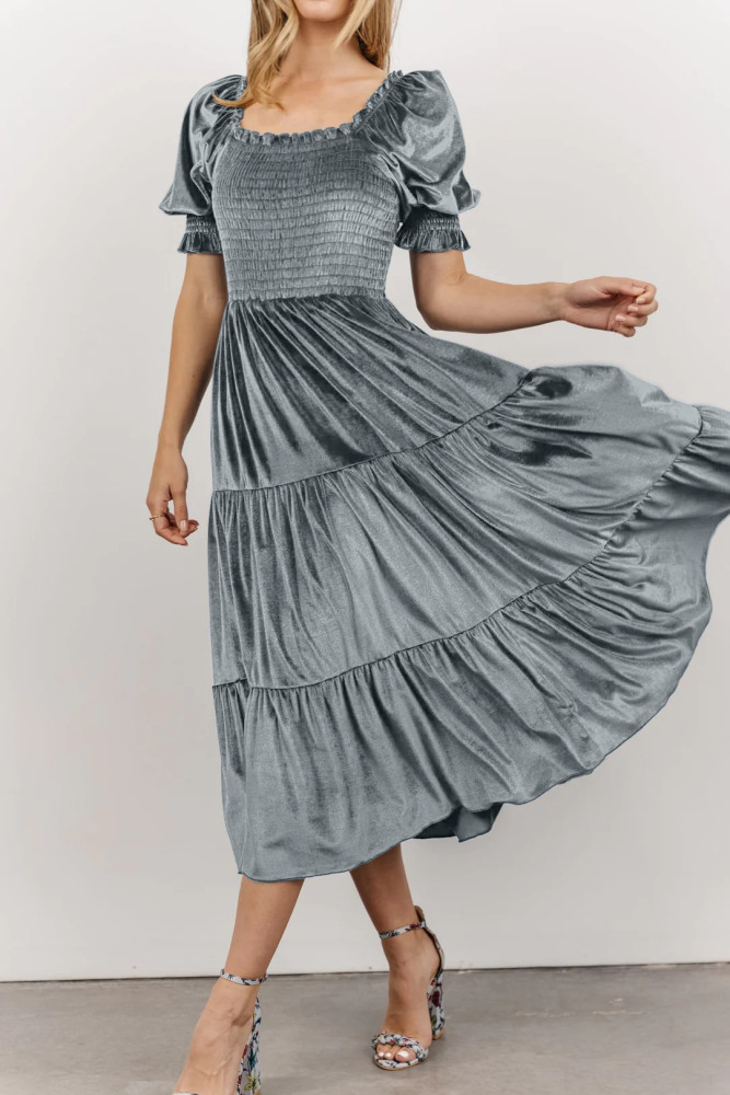 R.Vivimos Womens Fall Winter Velvet Dress Puff Sleeve Square Neck Smocked Tiered Ruffle A-Line Flowy Midi Dress