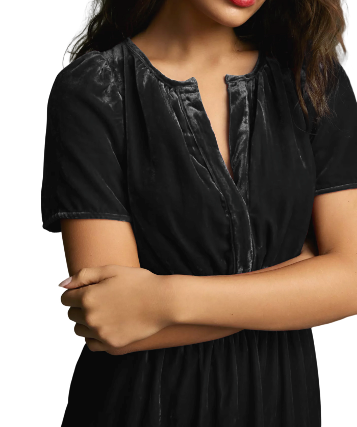R.Vivimos Women's Fall Winter Vintage Casual Dresses Velvet Short Sleeve V Neck Elastic Waist Tiered Flowy Swing Mini Dress