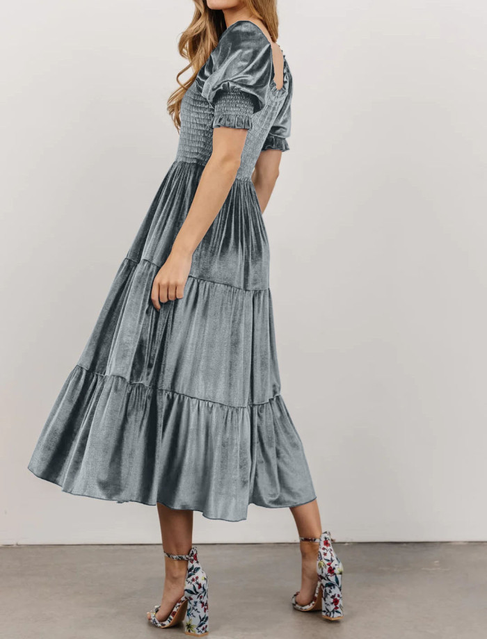 R.Vivimos Womens Fall Winter Velvet Dress Puff Sleeve Square Neck Smocked Tiered Ruffle A-Line Flowy Midi Dress