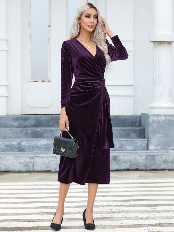 R.Vivimos Womens Velvet V Neck Wrap Dress Fall Winter Long Sleeve Waist Ruched Elastic Elegant Midi Dress