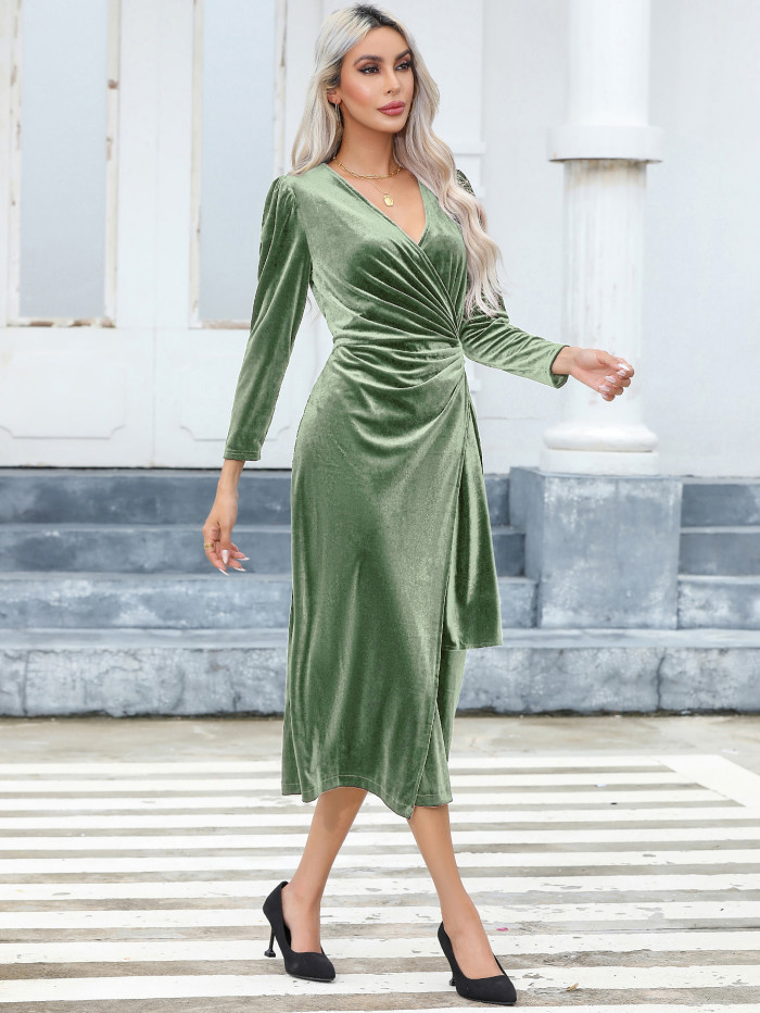 R.Vivimos Womens Velvet V Neck Wrap Dress Fall Winter Long Sleeve Waist Ruched Elastic Elegant Midi Dress