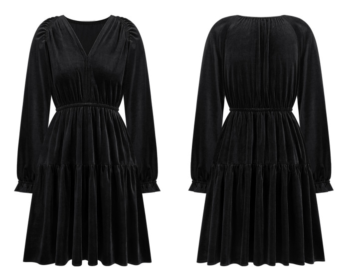 R.Vivimos Womens Fall Velvet Mini Dress V Neck Long Sleeve Elastic Waist Winter Tiered Flowy Swing A-Line Dress with Pockets