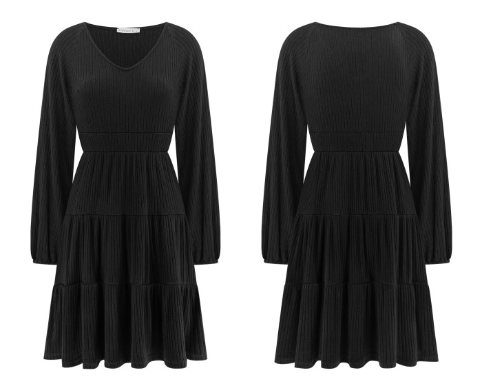 R.Vivimos Womens Fall Dresses Lantern Sleeve V Neck Stretchy Ribbed Knit A-Line Tiered Mini Skater Dress