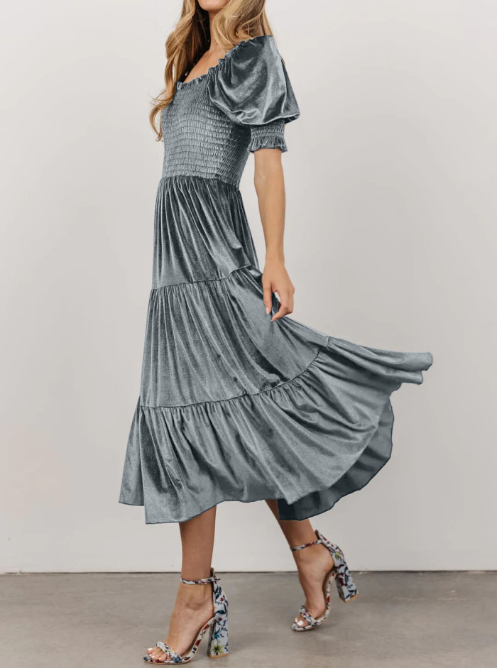 R.Vivimos Womens Fall Winter Velvet Dress Puff Sleeve Square Neck Smocked Tiered Ruffle A-Line Flowy Midi Dress