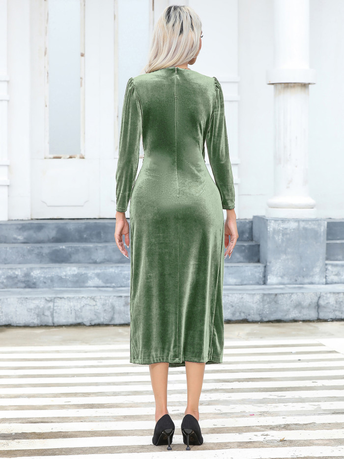 R.Vivimos Womens Velvet V Neck Wrap Dress Fall Winter Long Sleeve Waist Ruched Elastic Elegant Midi Dress