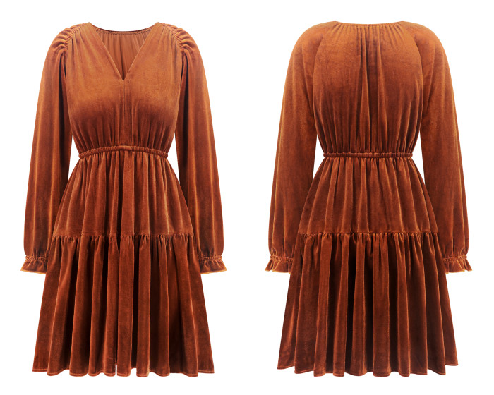 R.Vivimos Womens Fall Velvet Mini Dress V Neck Long Sleeve Elastic Waist Winter Tiered Flowy Swing A-Line Dress with Pockets