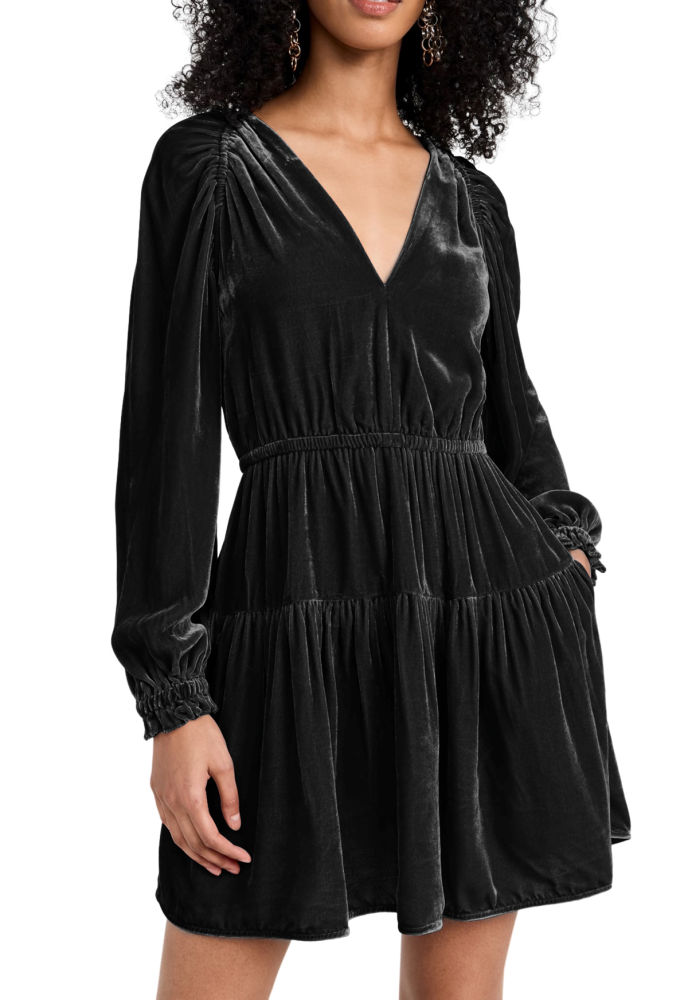 R.Vivimos Womens Fall Velvet Mini Dress V Neck Long Sleeve Elastic Waist Winter Tiered Flowy Swing A-Line Dress with Pockets