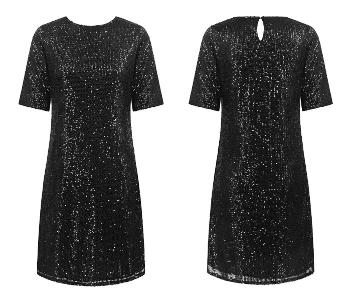 R.Vivimos Women's Trendy Party Sparkly Sequin Dress Short Sleeve Back Button Crew Neck Loose Fit Glitter Mini Dress
