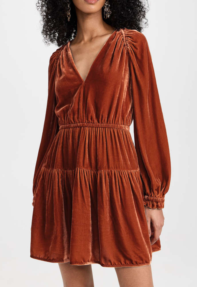 R.Vivimos Womens Fall Velvet Mini Dress V Neck Long Sleeve Elastic Waist Winter Tiered Flowy Swing A-Line Dress with Pockets