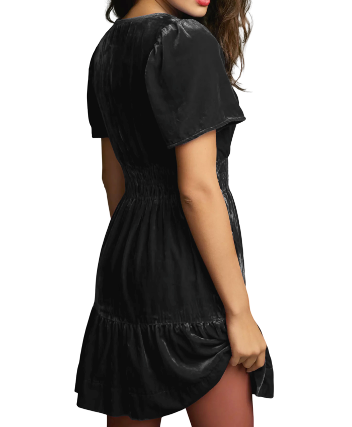 R.Vivimos Women's Fall Winter Vintage Casual Dresses Velvet Short Sleeve V Neck Elastic Waist Tiered Flowy Swing Mini Dress