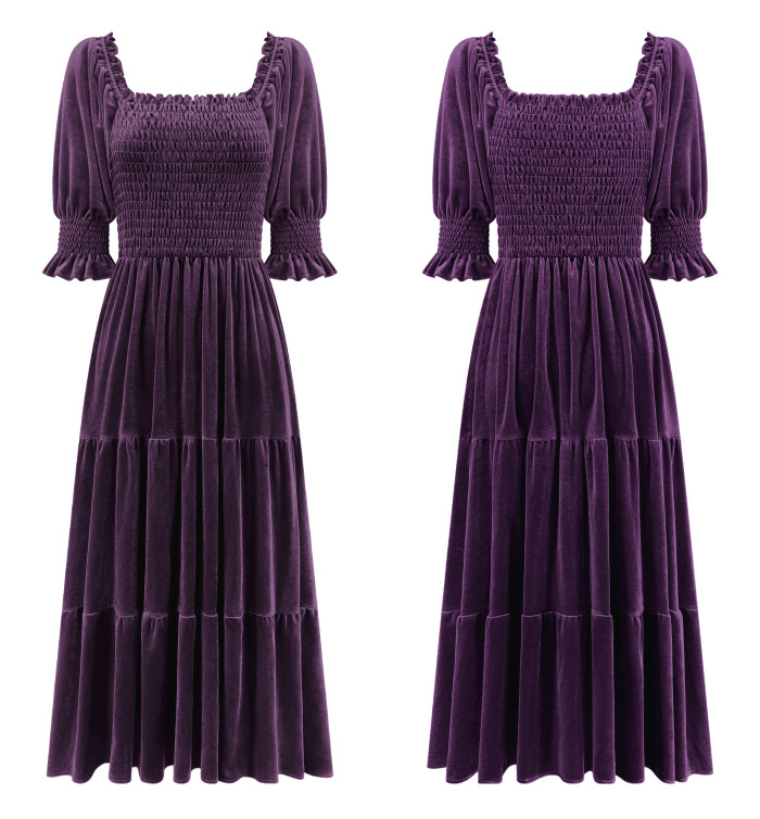 R.Vivimos Womens Fall Winter Velvet Dress Puff Sleeve Square Neck Smocked Tiered Ruffle A-Line Flowy Midi Dress