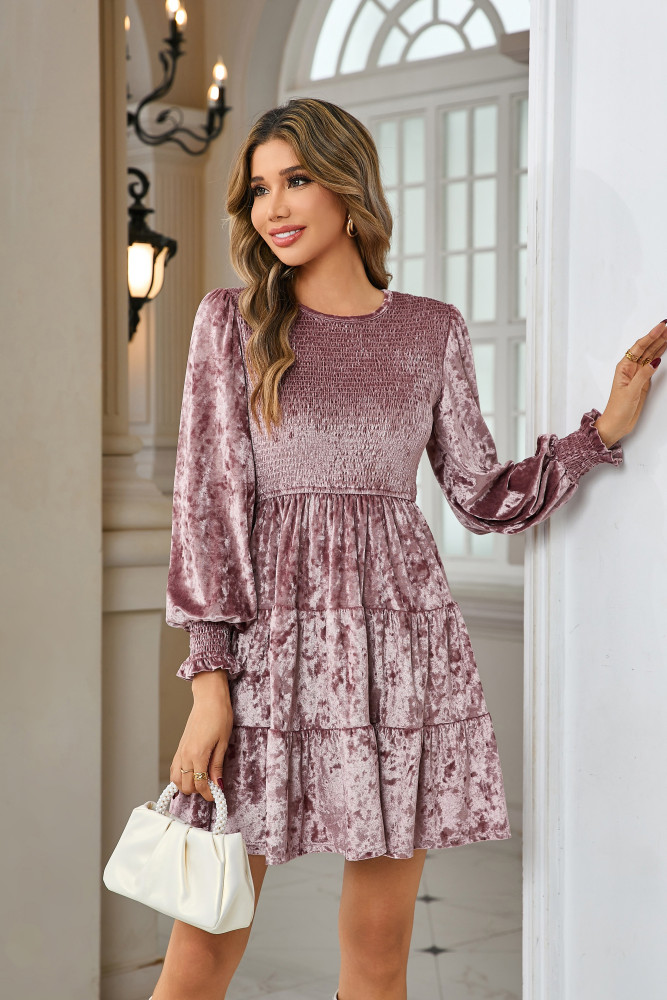 R.Vivimos Women's Fall Winter Crushed Velvet Dress Long Sleeve Crew Neck Elastic Smocked A-Line Tiered Ruffle Mini Dress