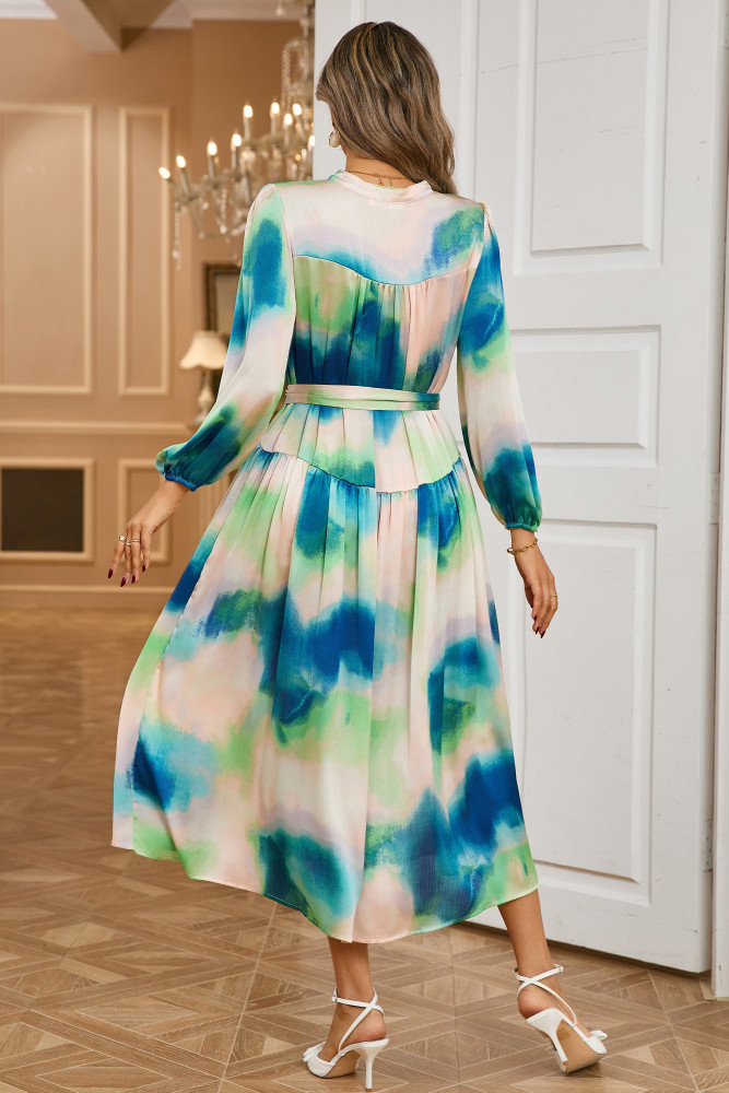 R.Vivimos Womens Long Sleeve Tie Dye Henley V Neck Button Up Loose Flowy Midi Dress with Belt