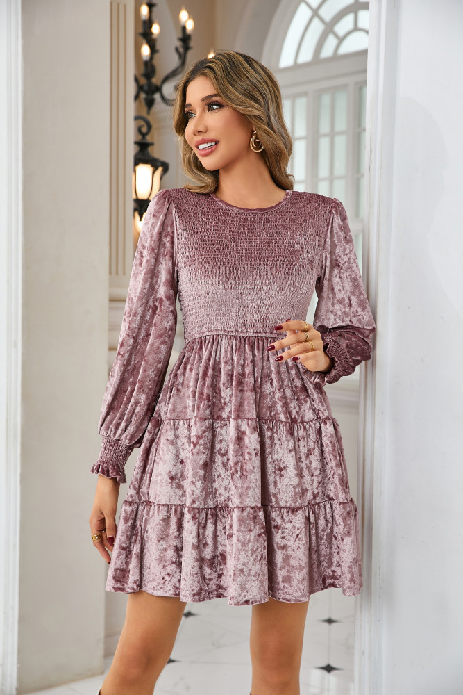 R.Vivimos Women's Fall Winter Crushed Velvet Dress Long Sleeve Crew Neck Elastic Smocked A-Line Tiered Ruffle Mini Dress