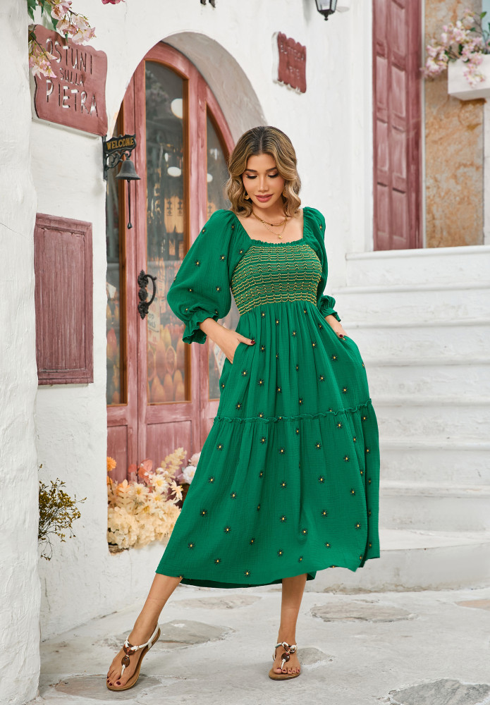 R.Vivimos Women's Long Sleeve Cotton Boho Midi Dress Vintage Square Neck Floral Embroidered Tiered Ruffle Flowy Pockets Dress