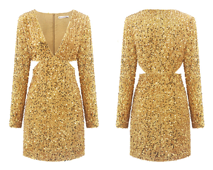 R.Vivimos Womens Glitter Sequin Party Dresses Fall Winter Long Sleeve Sexy Deep V Neck Cut Out Sparkly Club Velvet Mini Dress