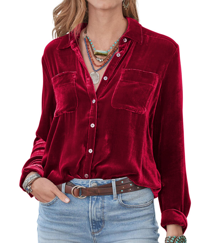 R.Vivimos Women Velvet Tops Sexy Blouses Long Sleeve V-neck Button Down Casual Shirts