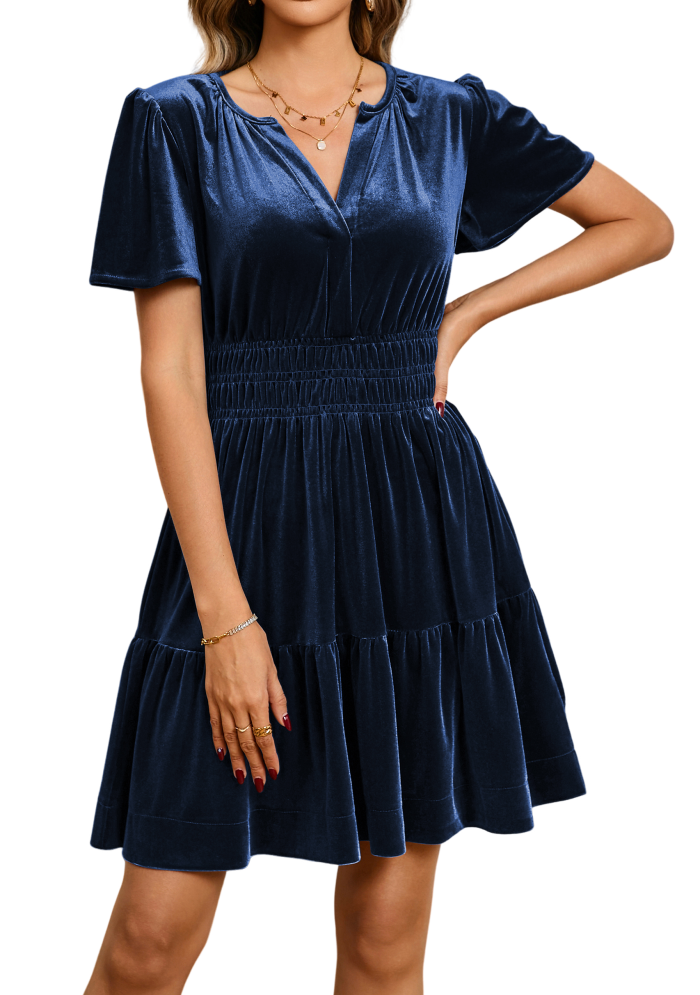 R.Vivimos Women's Fall Winter Vintage Casual Dresses Velvet Short Sleeve V Neck Elastic Waist Tiered Flowy Swing Mini Dress