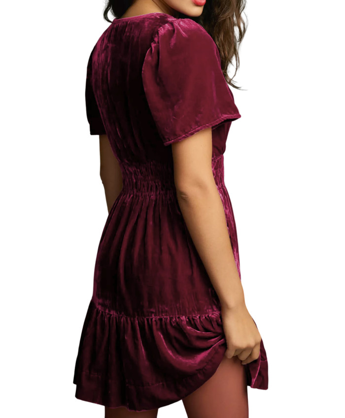 R.Vivimos Women's Fall Winter Vintage Casual Dresses Velvet Short Sleeve V Neck Elastic Waist Tiered Flowy Swing Mini Dress