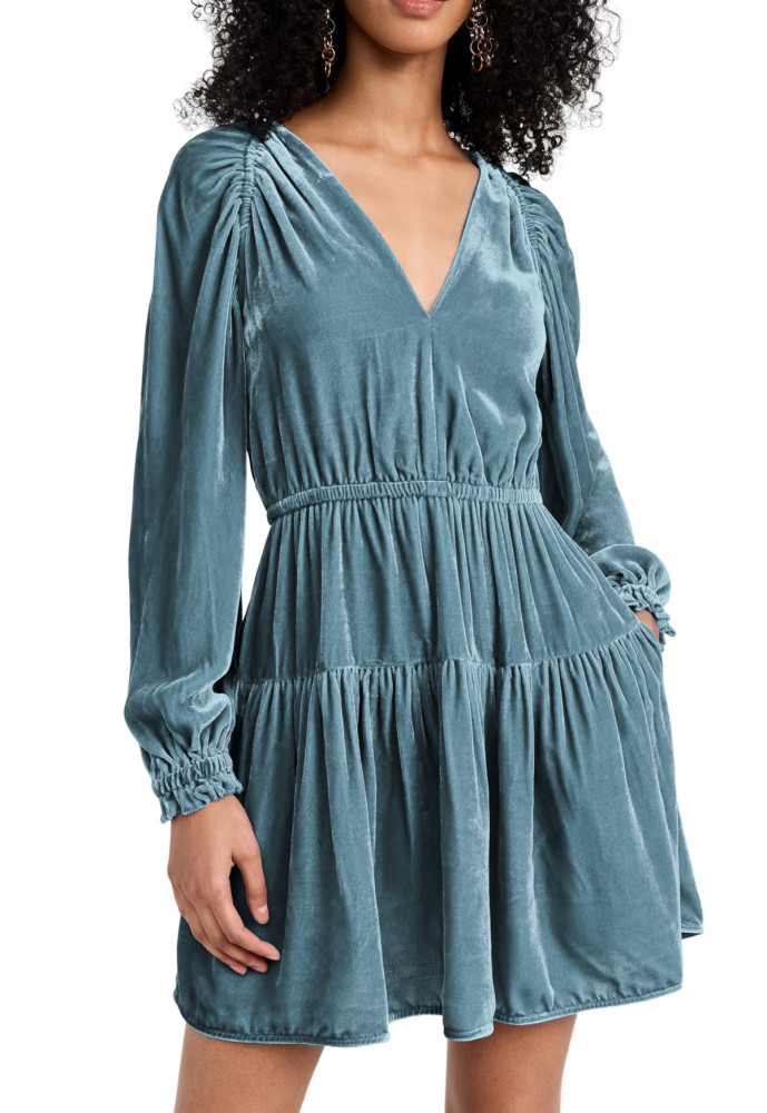 R.Vivimos Womens Fall Velvet Mini Dress V Neck Long Sleeve Elastic Waist Winter Tiered Flowy Swing A-Line Dress with Pockets
