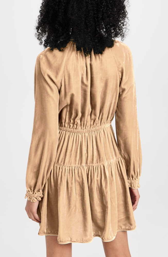 R.Vivimos Womens Fall Velvet Mini Dress V Neck Long Sleeve Elastic Waist Winter Tiered Flowy Swing A-Line Dress with Pockets
