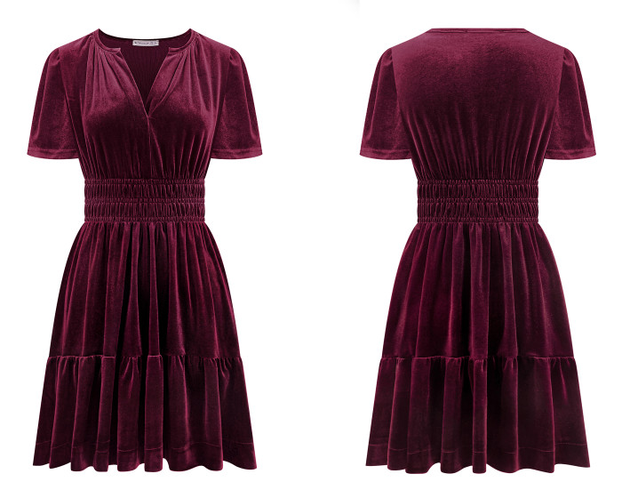 R.Vivimos Women's Fall Winter Vintage Casual Dresses Velvet Short Sleeve V Neck Elastic Waist Tiered Flowy Swing Mini Dress