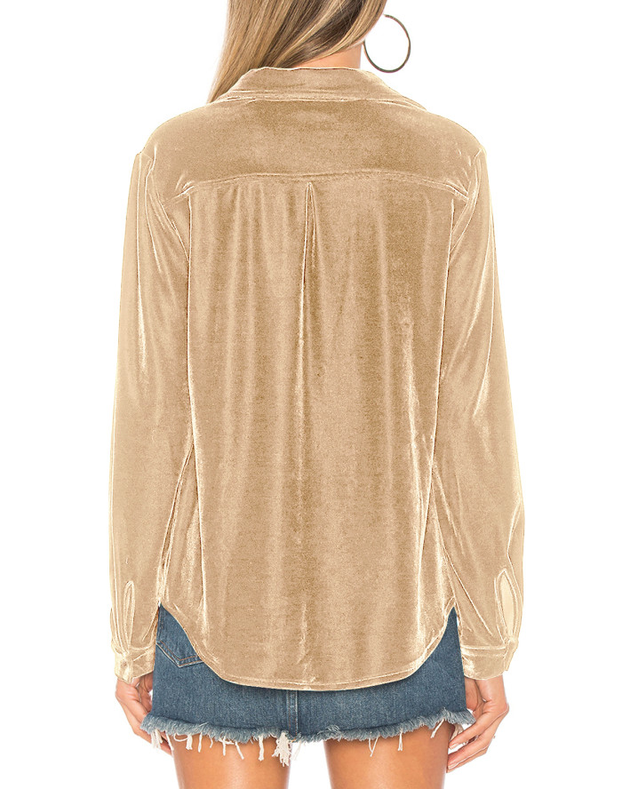 R.Vivimos Women Velvet Tops Sexy Blouses Long Sleeve V-neck Button Down Casual Shirts